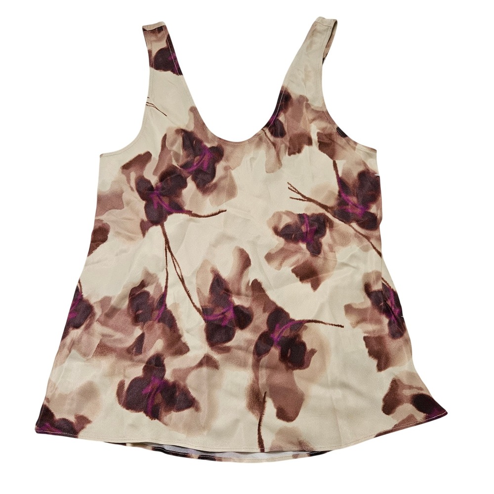 Nordstrom Womens Floral Orchid Print Satin Scoop Neck Neutral Chic Tank Top Sz S